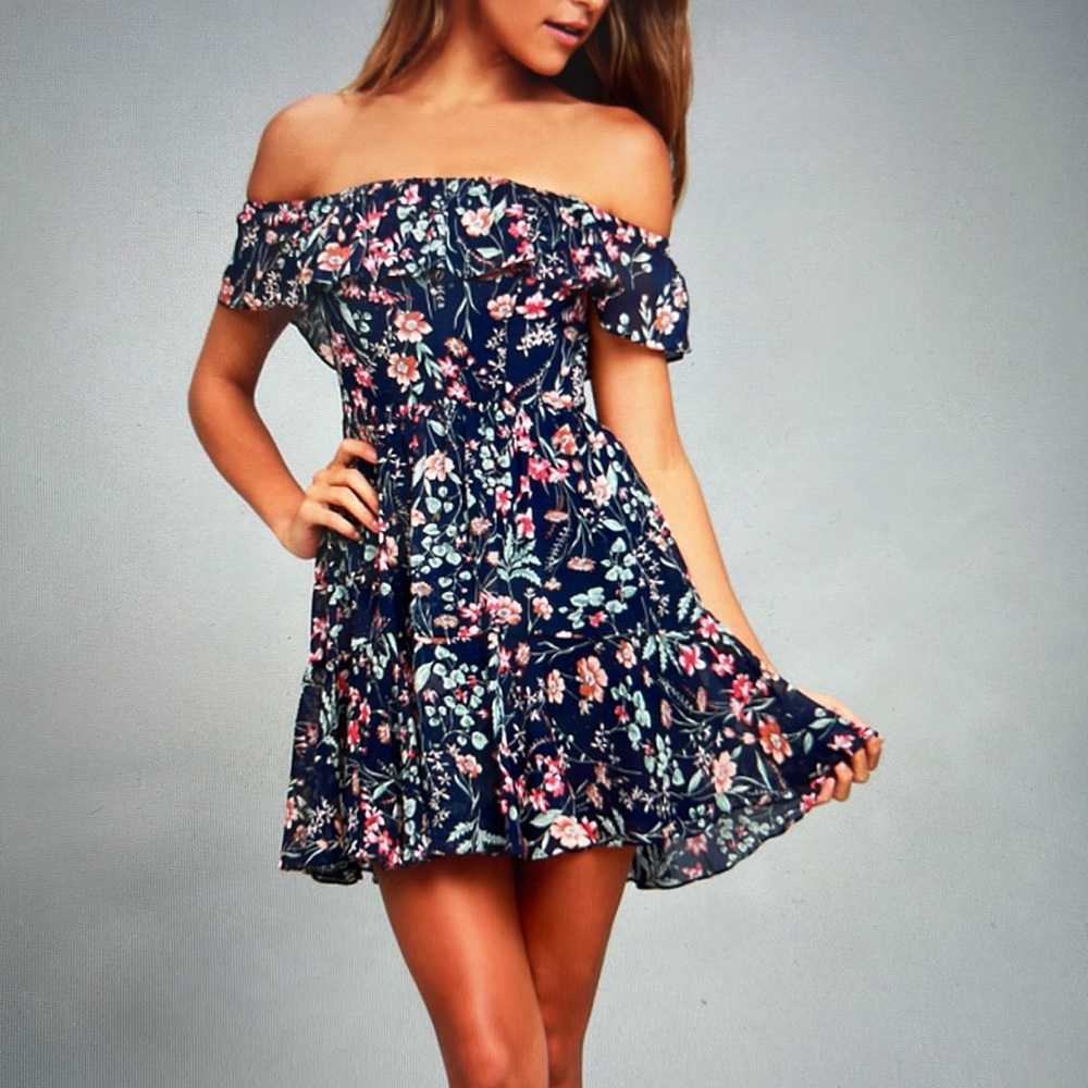 Lulu’s Navy Blue Floral Print Off-The-Shoulder Dress - XS